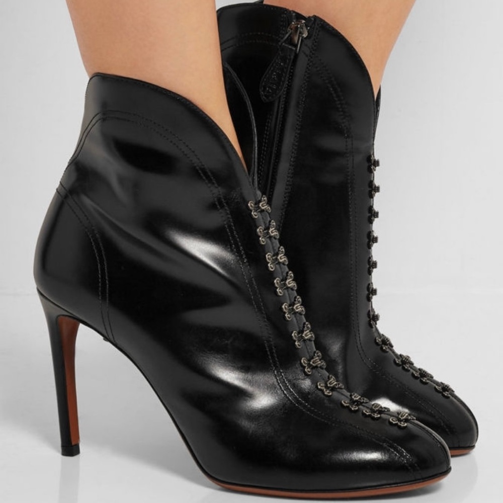 Azzedine Alaia embellished black glossed-leather ankle boots size IT 38.5 US 8.5